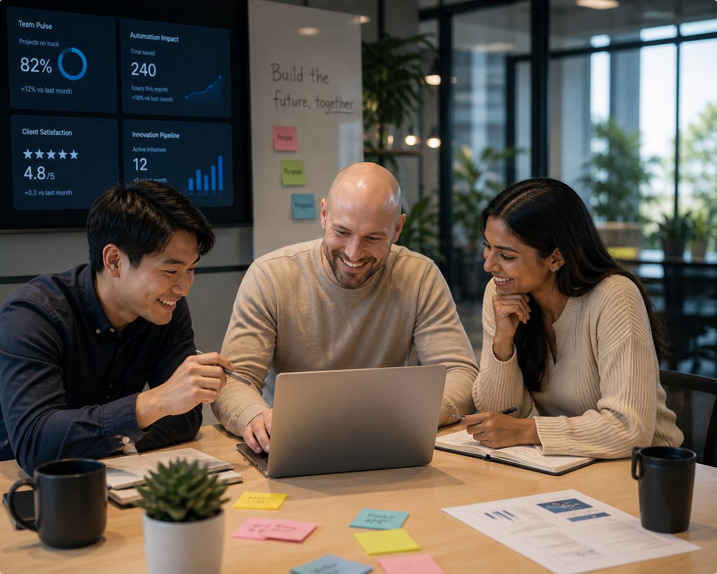 Three colleagues collaborating at a laptop in front of an AI dashboard